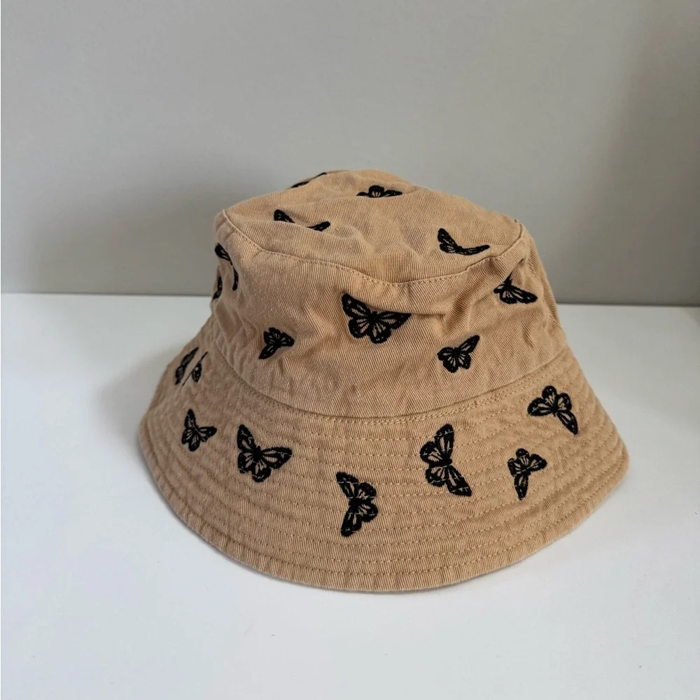 Butterfly Embroidered Cotton Bucket Hat - Tan with Black Butterflies